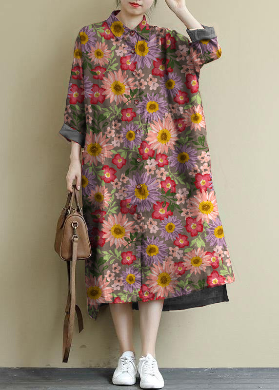 gray flower Linen Shirt Dress Casual Oversize Spring Maxi Dresses