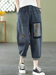 Vintage Artistic Retro Applique Denim Pants