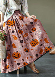 Women brown-Pumpkin Print Ramie Elastic Waist Skirt