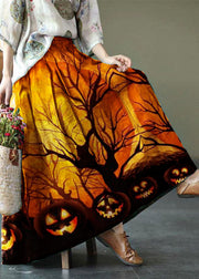 Women Pink-Pumpkin Print Ramie Elastic Waist Skirt