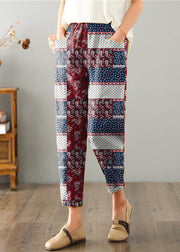 Natural brown-red geometry Pockets Cotton Linen  Pants Summer