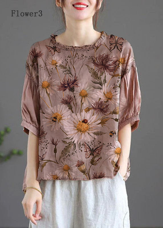 Modern Pink-Flower3 Regular Embroideried Summer Floral Half Sleeve