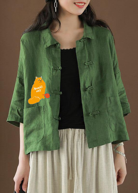 Beautiful Green-animal Peter Pan Collar Pockets Summer Linen top