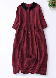 Organic Red Plaid Peter Pan Collar Patchwork Linen Dresses Summer