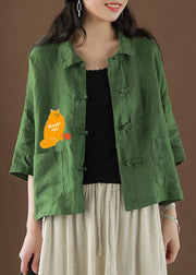 Beautiful Green-big print Peter Pan Collar Pockets Summer Linen top