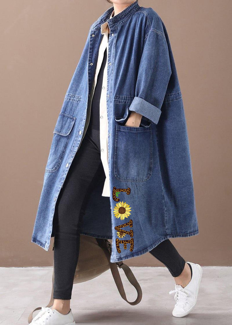 French denim blue-lace Plus Size box coat Shape stand collar drawstring coat