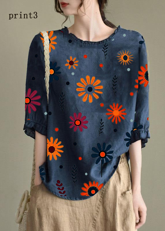 Handmade Navy-print3  lantern Sleeve O-Neck Embroideried Summer Ramie Blouses