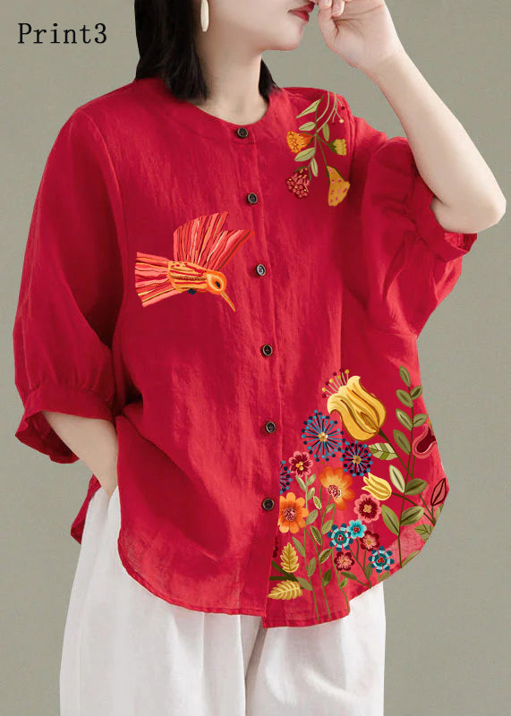 Art Red-print2 O-Neck Button Linen Loose Shirt Top Lantern Sleeve