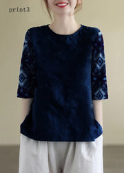 French Print4 O-Neck Embroideried Cotton Blouses Half Sleeve