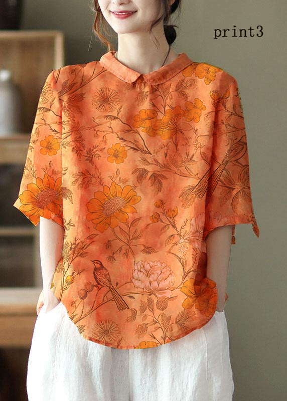 DIY Orange Print Ramie Half Sleeve Shirt Summer