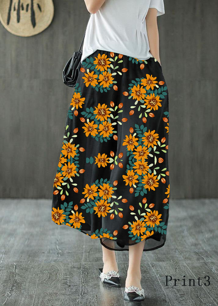 Handmade Black-Print1 Elastic Waist Retro Wide Leg Crop Pants