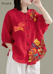 Art Red-print4 O-Neck Button Linen Loose Shirt Top Lantern Sleeve