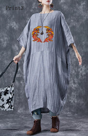 French Grey Oversized Patchwork Linen Dresses Batwing Sleeve