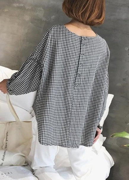 French  Blue Plaid Cotton Women Fine Sewing Asymmetric Plus Size Clothing Blouse