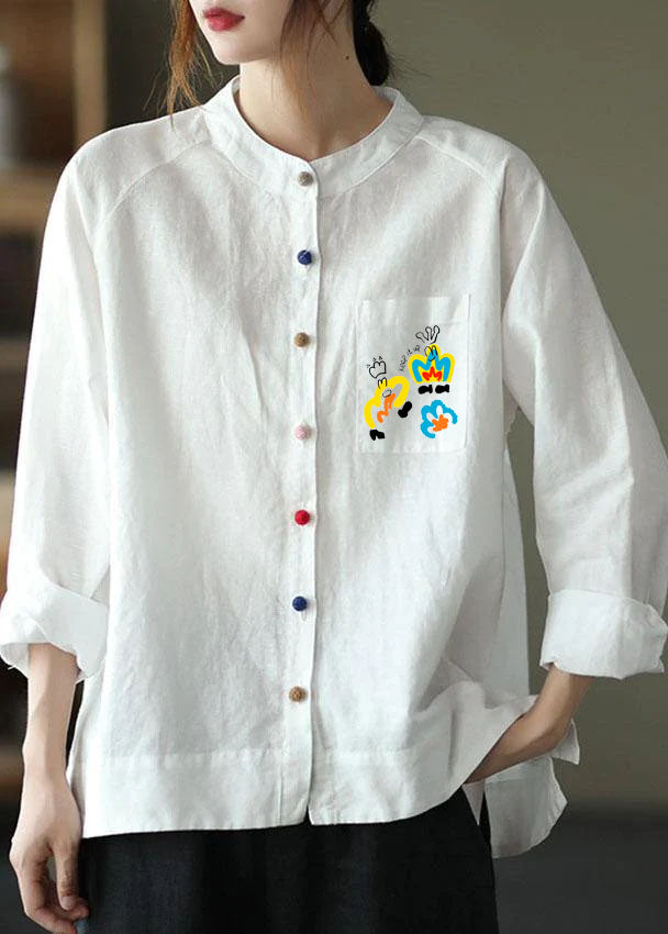 Modern White Loose Patchwork Pockets Fall Long Sleeve Blouse Top