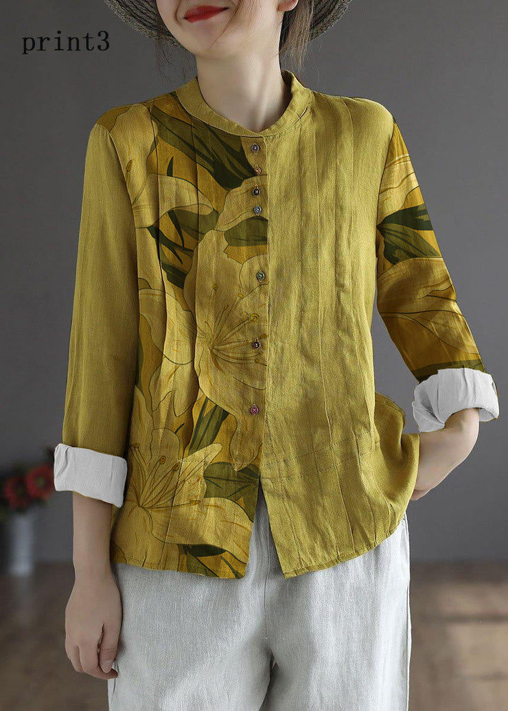 Women Yellow-floral1 Elegant Button Fall Top Long Sleeve Linen