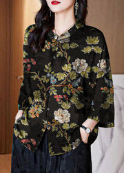 Women Black-floral Stand Collar Button Print Patchwork Silk Blouse Top Summer