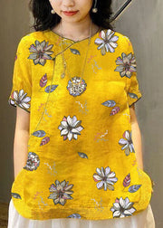 Chinese Style Yellow flower O-Neck Embroidered Linen Tops Short Sleeve