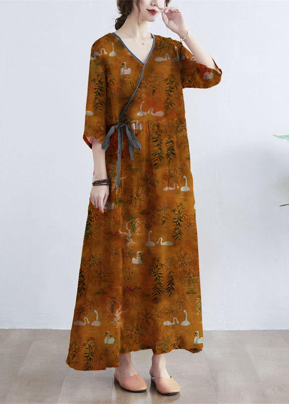 Simple Print V Neck Floral Summer Tie Waist Long Dresses Half Sleeve