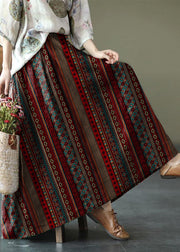 Women Brown and red stripes Ramie Elastic Waist Skirt