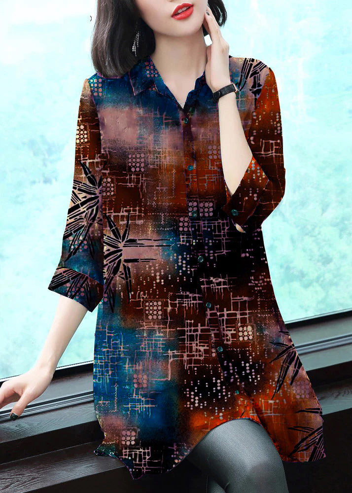 Stylish brown-geometry Peter Pan Collar Button Print Chiffon Shirt Tops Summer