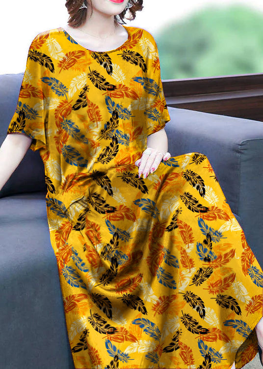 Orange - Geometry Print Silk Long Dress Oversized Pockets Wrinkled Summer