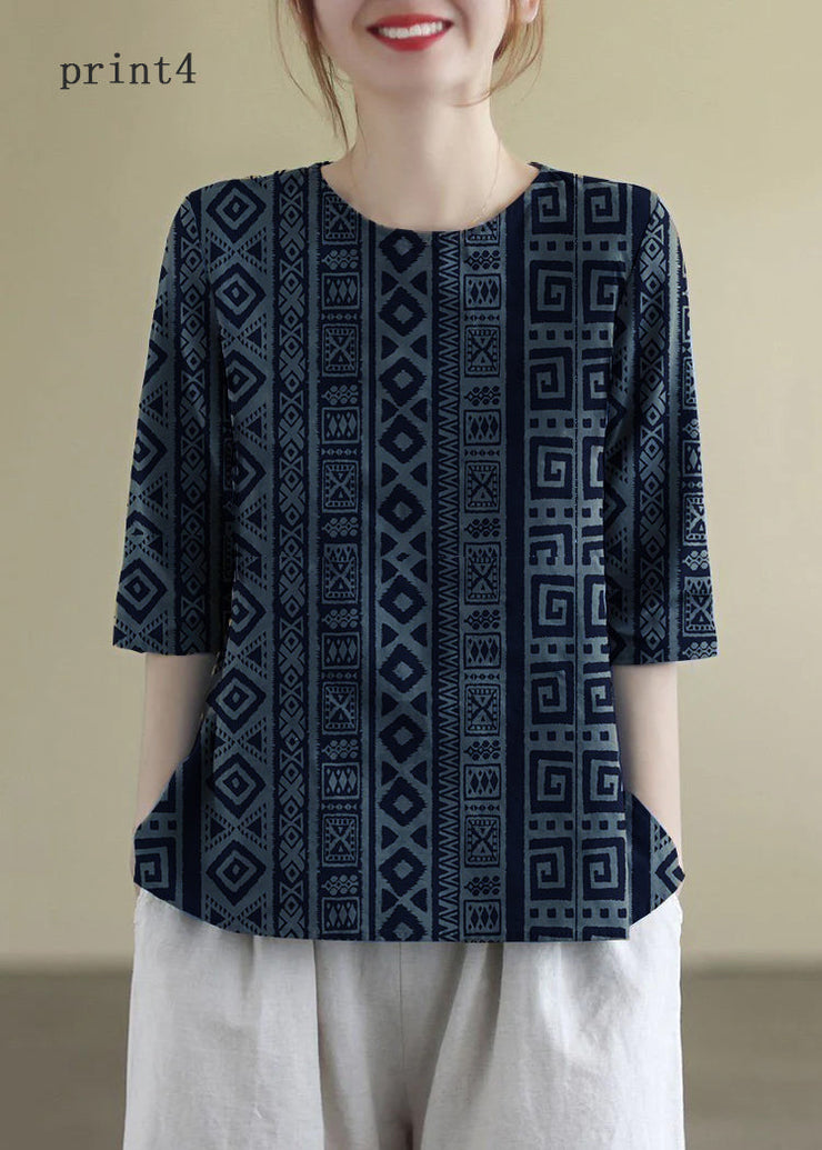 French Print4 O-Neck Embroideried Cotton Blouses Half Sleeve