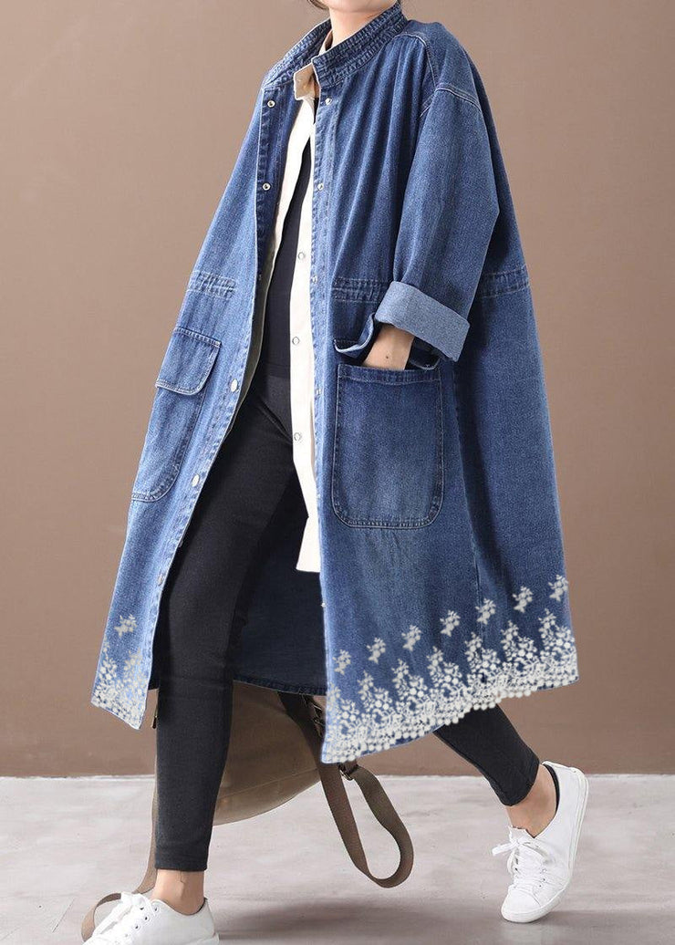 French denim blue-snowflake Plus Size box coat Shape stand collar drawstring coat