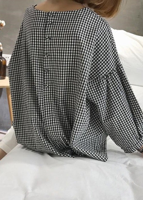 French  Yellow Plaid Cotton Women Fine Sewing Asymmetric Plus Size Clothing Blouse