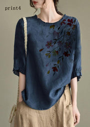 Handmade Navy-print6  lantern Sleeve O-Neck Embroideried Summer Ramie Blouses