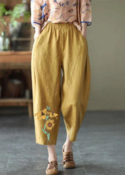 Natural Brown-Leaves Elastic Waist Summer Linen Harem Pants