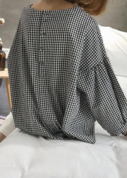 French  Blue Plaid Cotton Women Fine Sewing Asymmetric Plus Size Clothing Blouse