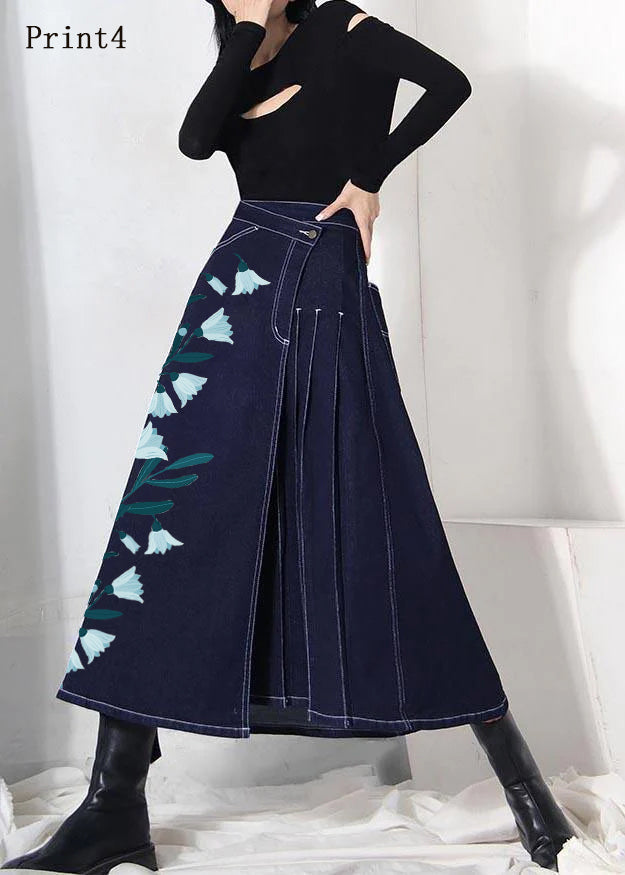 Boho denim blue-print3 zippered asymmetrical design Summer Skirt