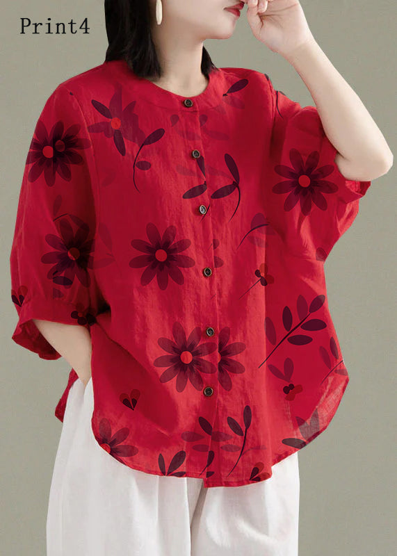 Art Red-print1 O-Neck Button Linen Loose Shirt Top Lantern Sleeve