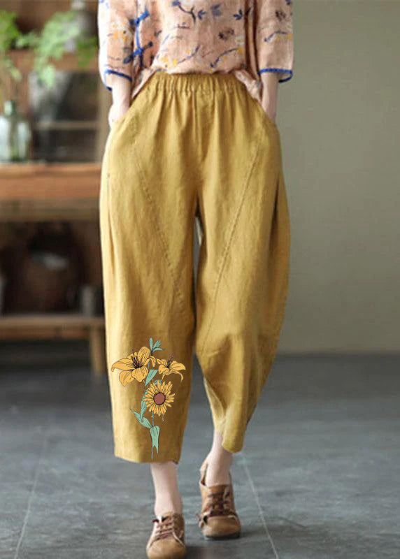 Natural Yellow- flower Elastic Waist Summer Linen Harem Pants