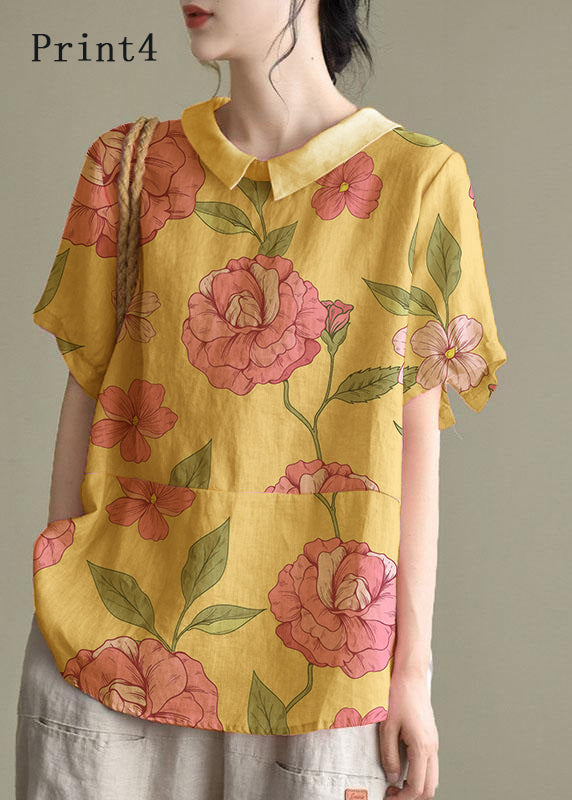 Simple Print4 Peter Pan Collar Patchwork Summer Linen Blouses