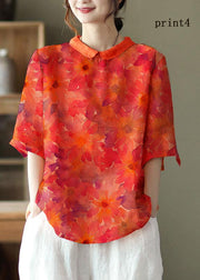 DIY Orange Print4  Ramie Half Sleeve Shirt Summer