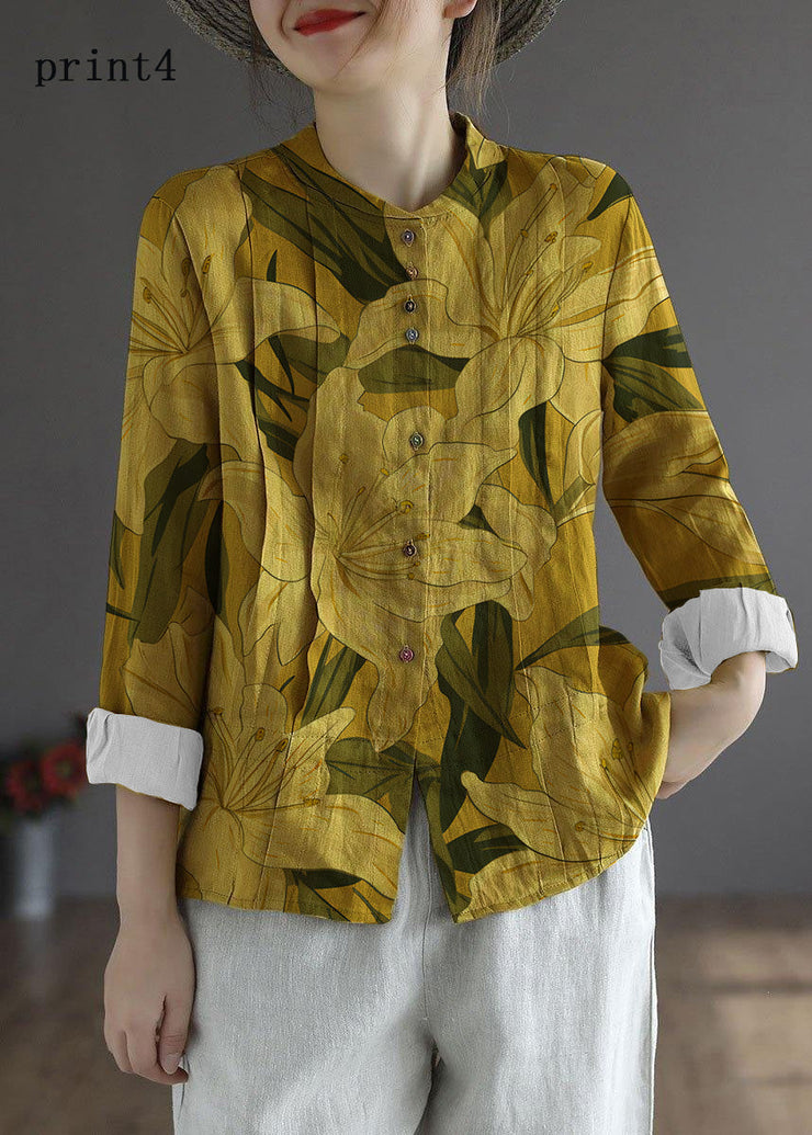 Women Yellow-Geometric patterns Elegant Button Fall Top Long Sleeve Linen