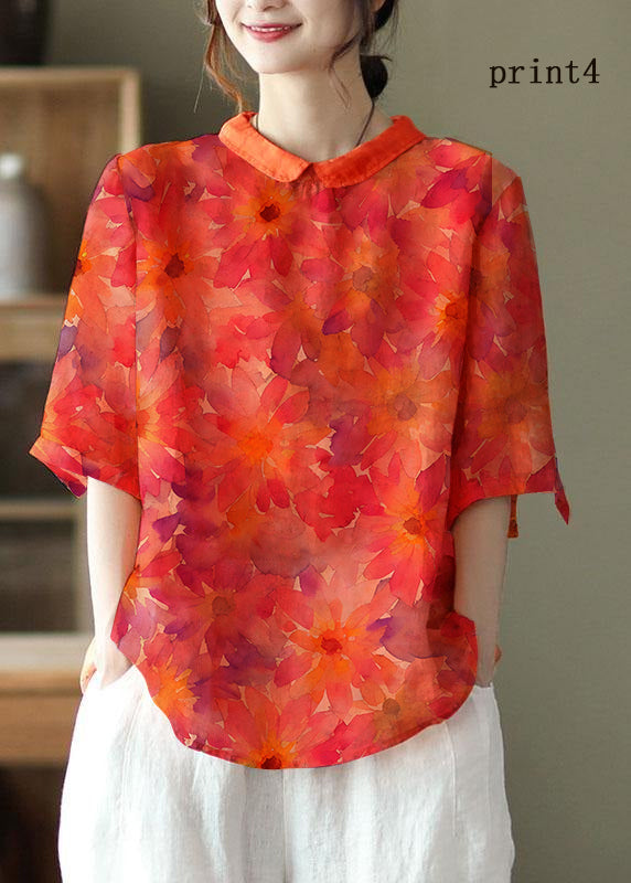 DIY Orange Print2  Ramie Half Sleeve Shirt Summer