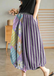 Purple Geometry Elastic Waist Linen Wide Leg Pants