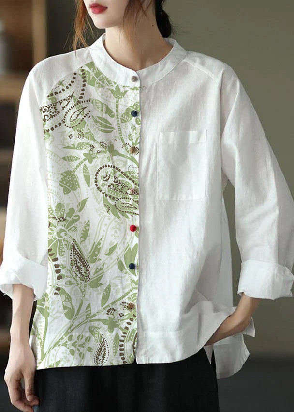 Modern White-floral3 Loose Patchwork Pockets Fall Long Sleeve Blouse Top