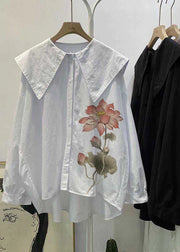 Bohemian white-flower Peter Pan Collar Button asymmetrical design Fall Long sleeve Top