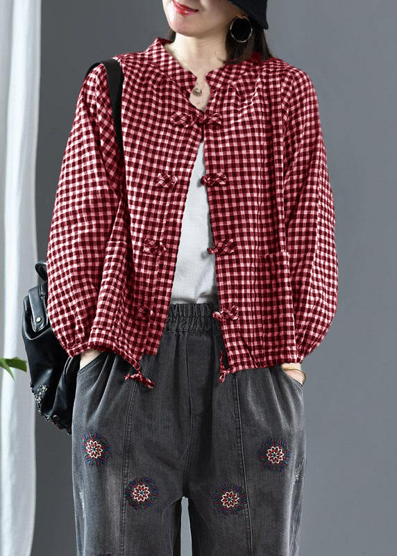 Luxury Red O-Neck Plaid Fall Long Sleeve Trench