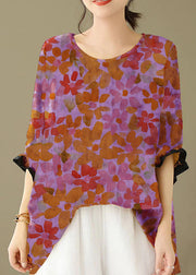 Yellow Print Patchwork Cotton Loose Tops O Neck Summer