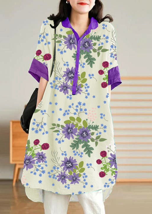 Jade Blue flower Linen Women Casual Linen Shirt Dress