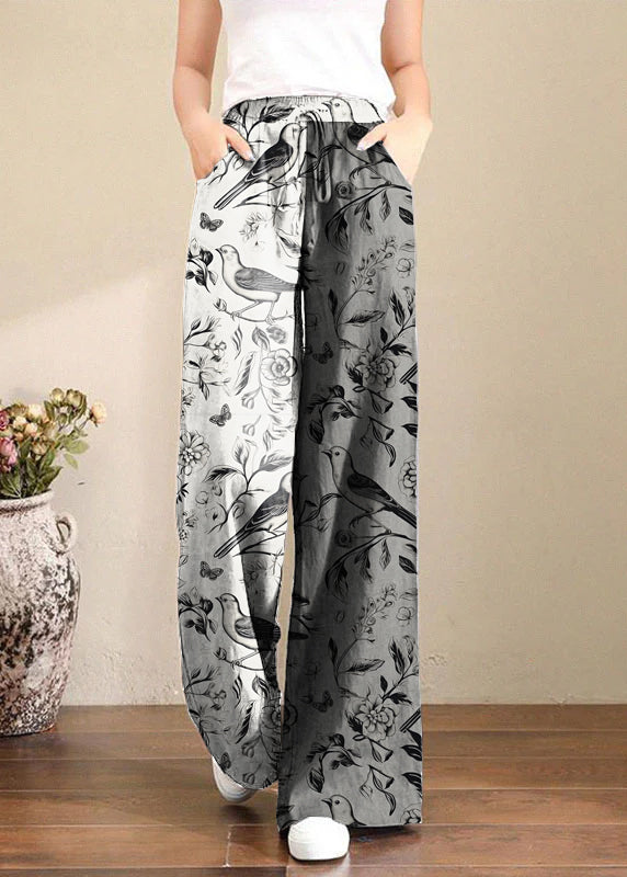 French Grey Elastic Waist Pockets Linen Wide Leg Pants Summer