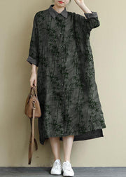 gray flower Linen Shirt Dress Casual Oversize Spring Maxi Dresses