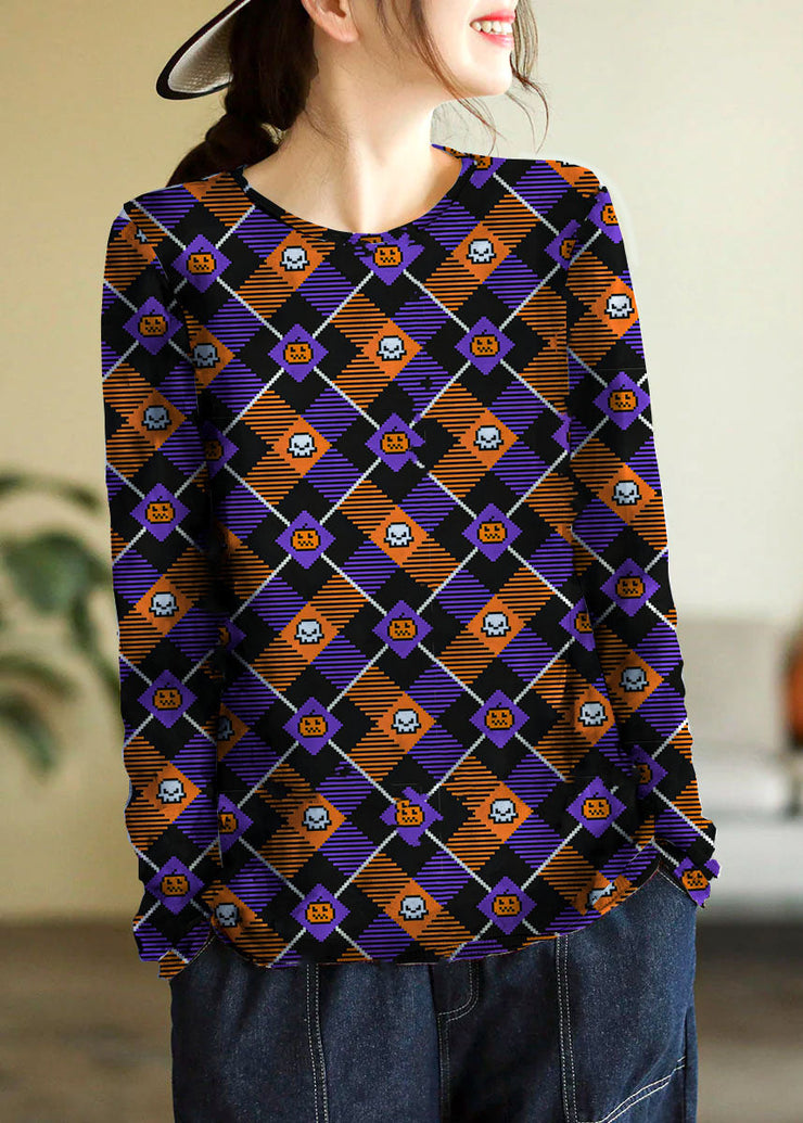 Elegant  Black O-Neck Print Cotton Knitted Top Long Sleeve