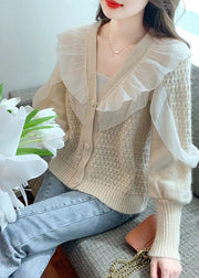 Fitted Beige Ruffled Button Patchwork Fall Knit Coat