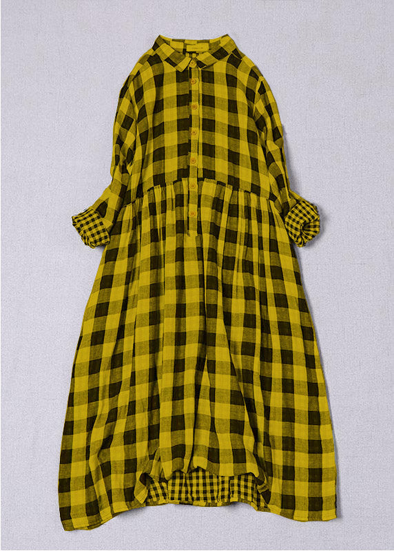 Bohemian Yellow White Plaid PeterPan Collar Pockets Button Fall Patchwork Dresses